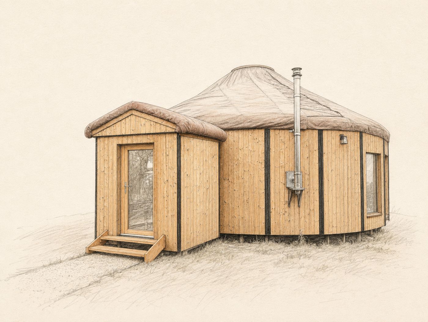 Illustration au crayon : yourte BeYurt avec son annexe d'entrée, fabriquée en atelier puis installée