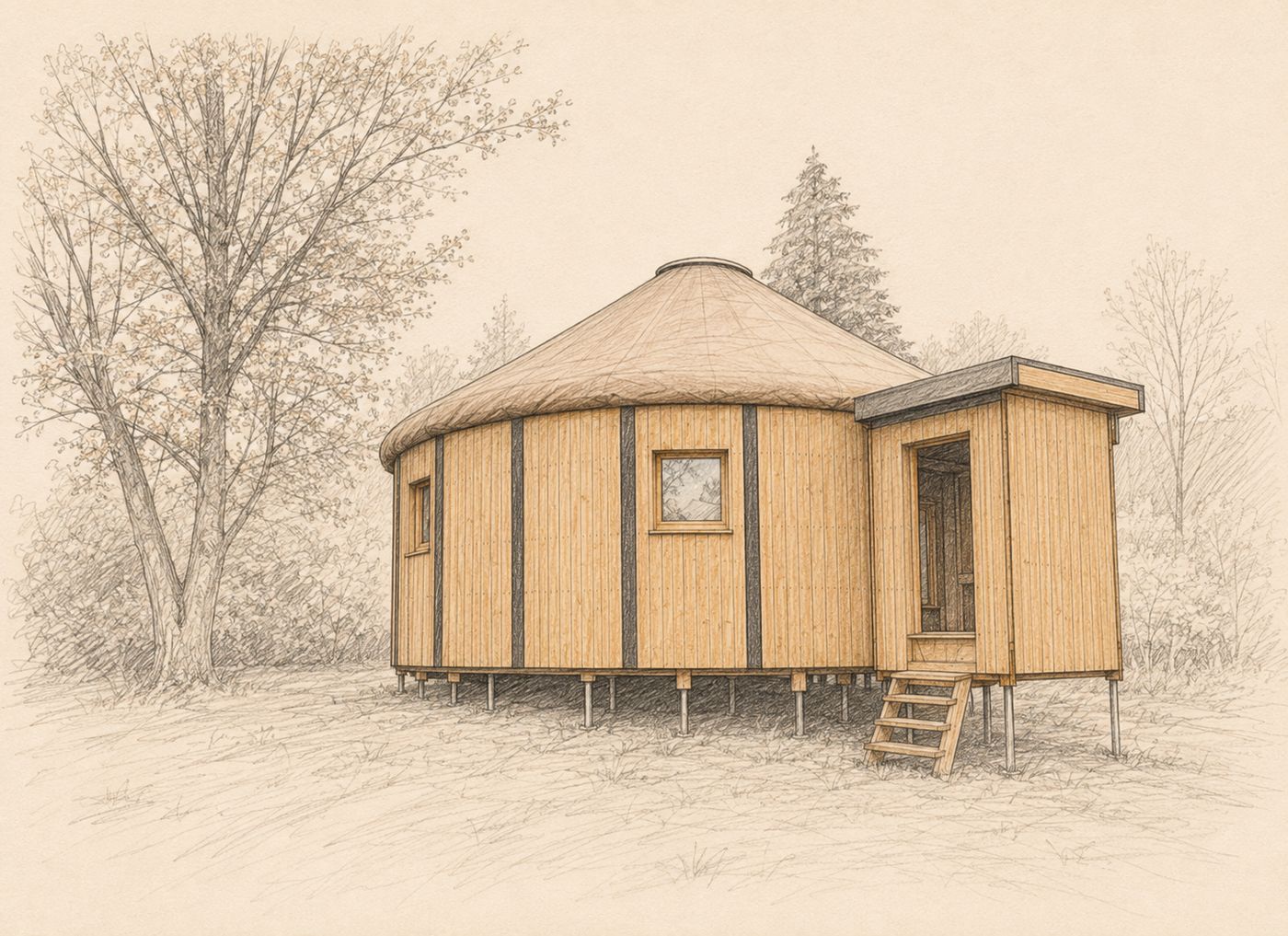 Illustration au crayon : yourte BeYurt posée sur vis de fondation, sans fondation en béton