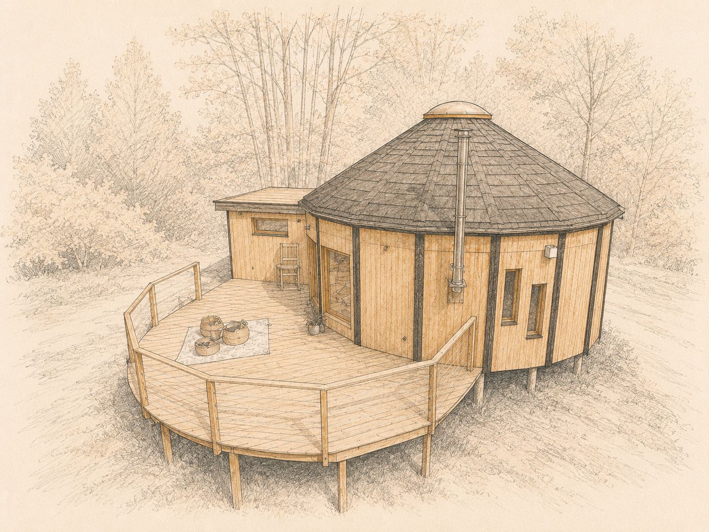 Illustration au crayon : Yurtagone à toiture rigide avec sa terrasse, une vraie maison à ossature bois