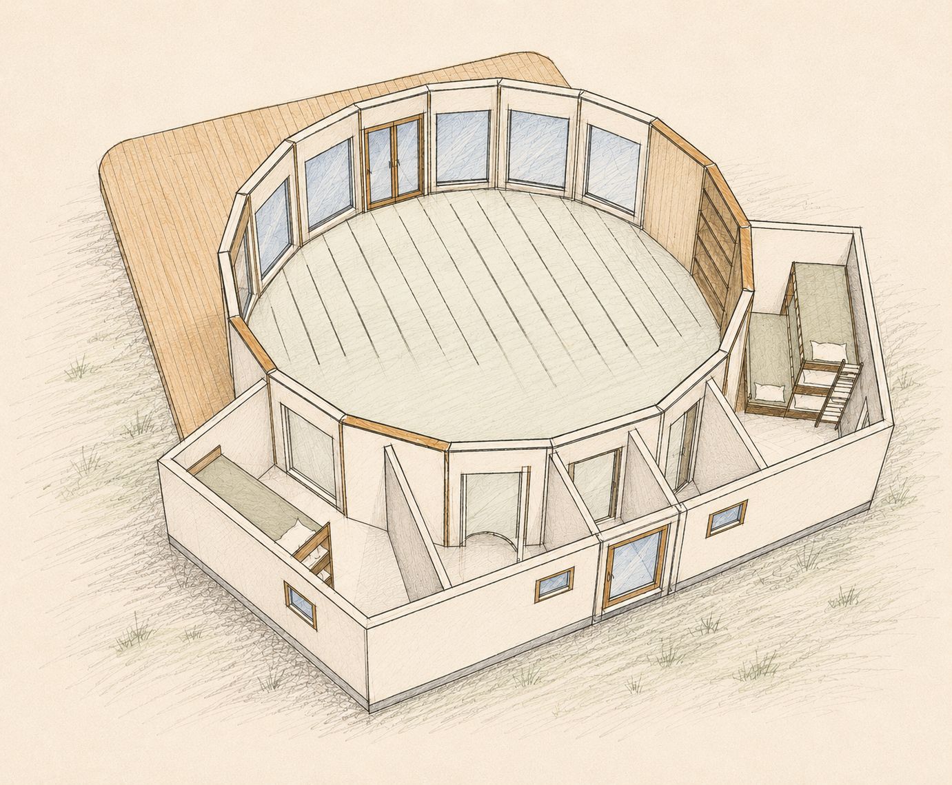 Illustration au crayon : plan écorché d'une Yurtagone montrant l'aménagement intérieur