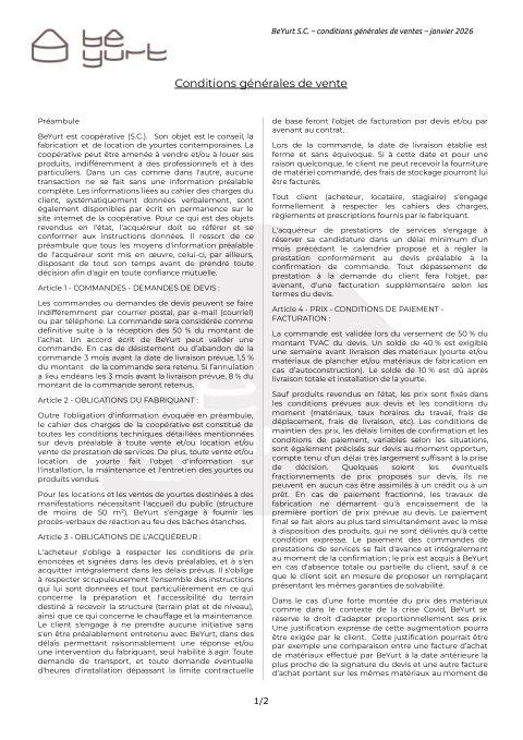 Première page des conditions générales de vente BeYurt